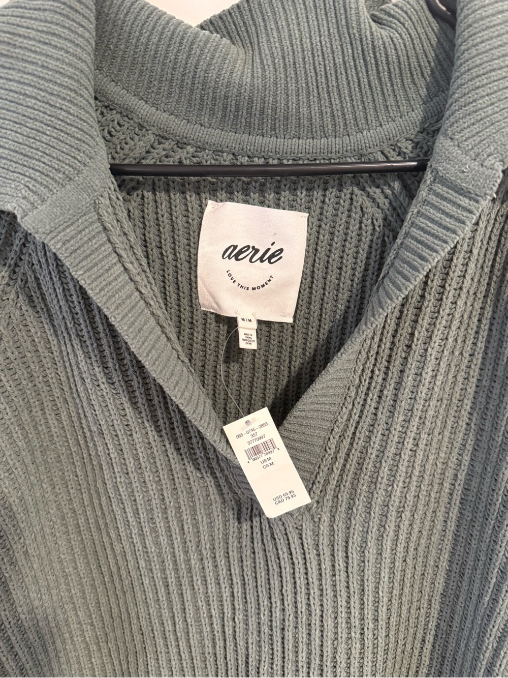 aerie Sage Green Ribbed Collared V-Neck Turtleneck Sweater - Picture 2 of 3
